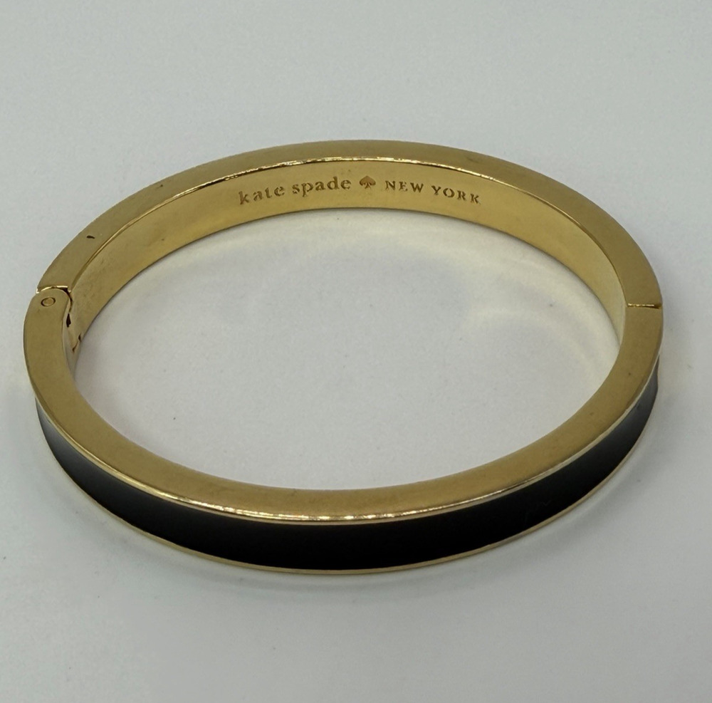 Kate Spade Black Enamel Hinged Cuff Bangle Bracelet in Gold Tone